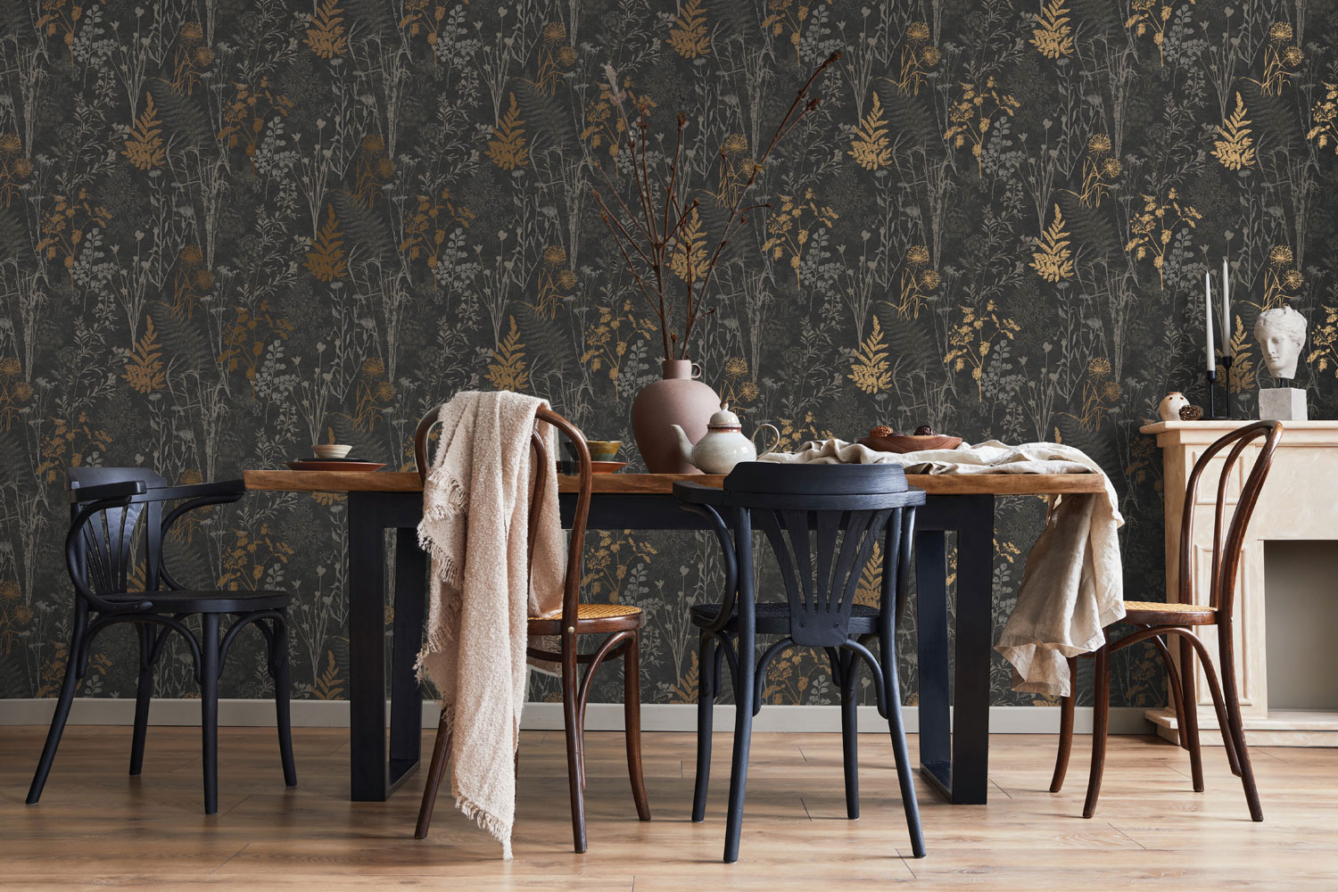 Black floral wallpaper with leaf motifs.