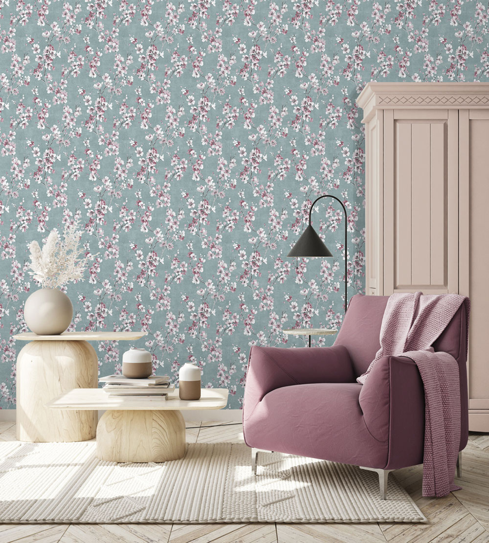 Blue wallpaper with floral pattern