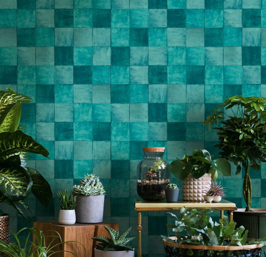 Turquoise geometric washable wallpaper 45721 Zellige, Marburg