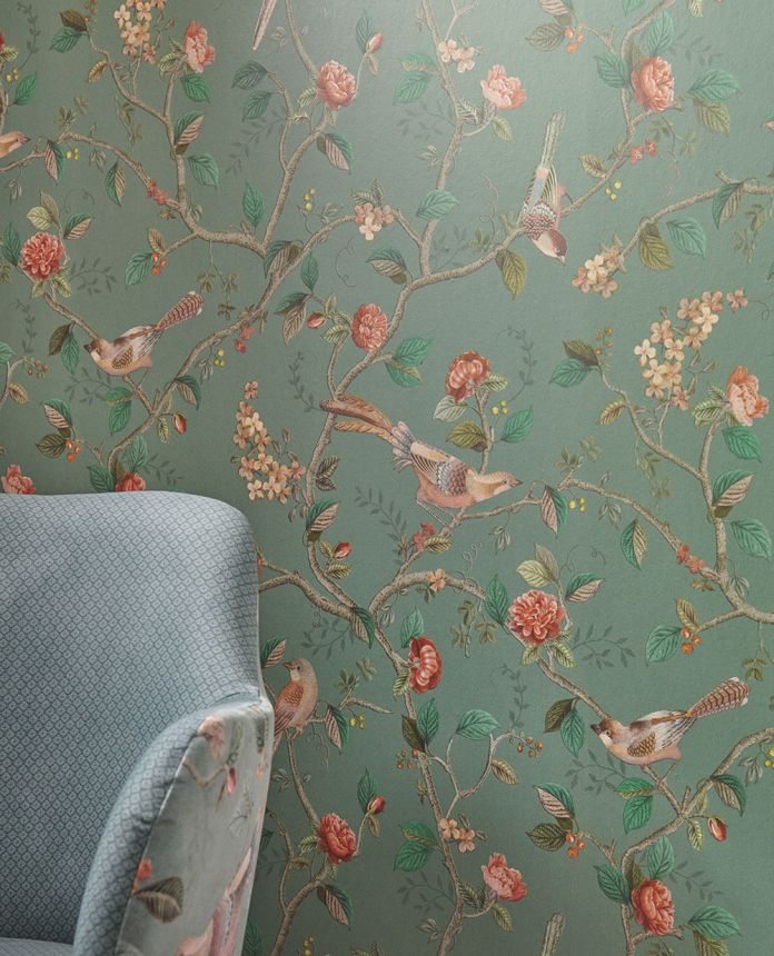 Green wallpaper with birds and twigs, 333123 Pip Studio 6, Eijffinger