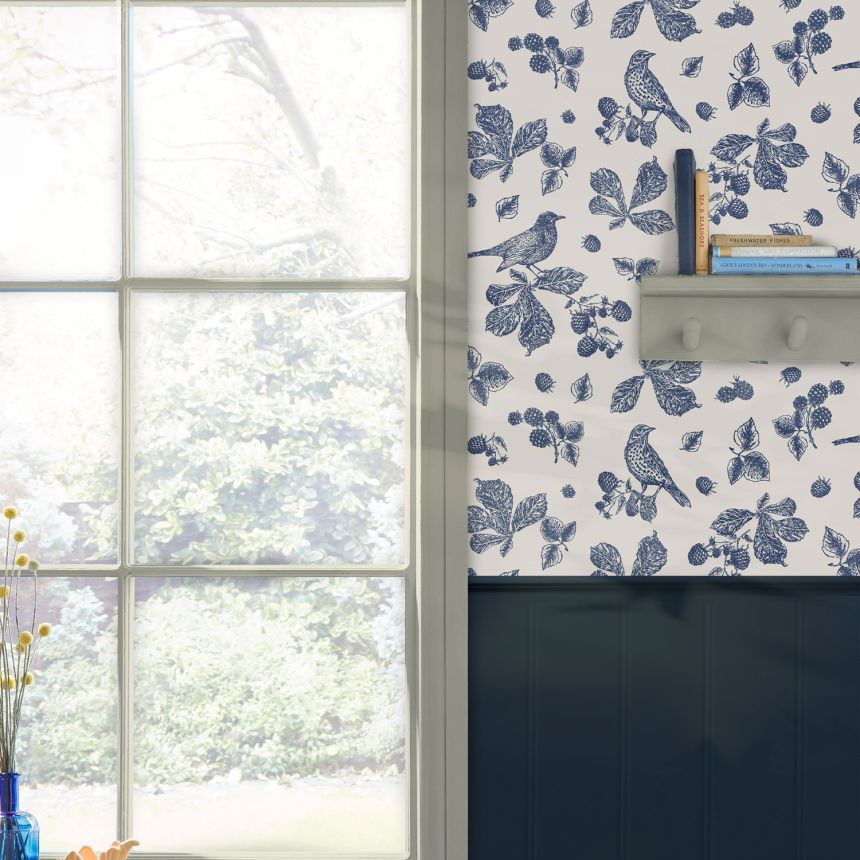 Blue-white wallpaper, birds, plants, leaves, 120881, Joules, Graham&Brown