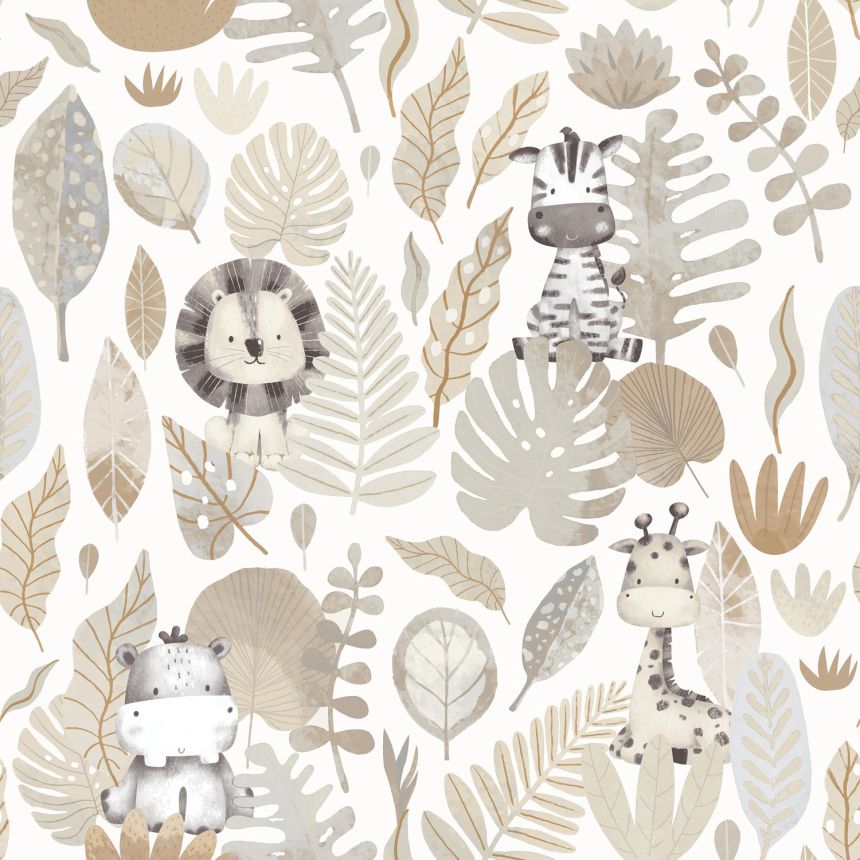 Grey-beige children's wallpaper with animals and leaves, 14837, Happy, Parato