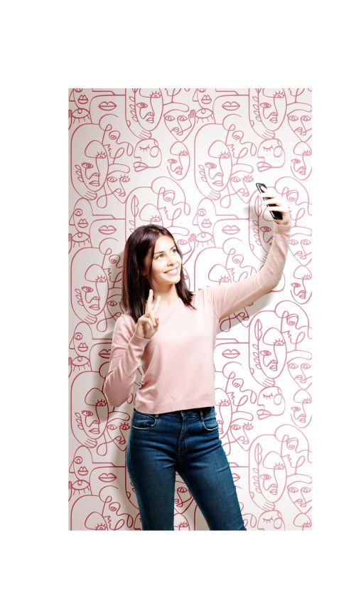 White-pink graphic wallpaper, faces, 16618, Friends & Coffee, Cristiana Masi by Parato