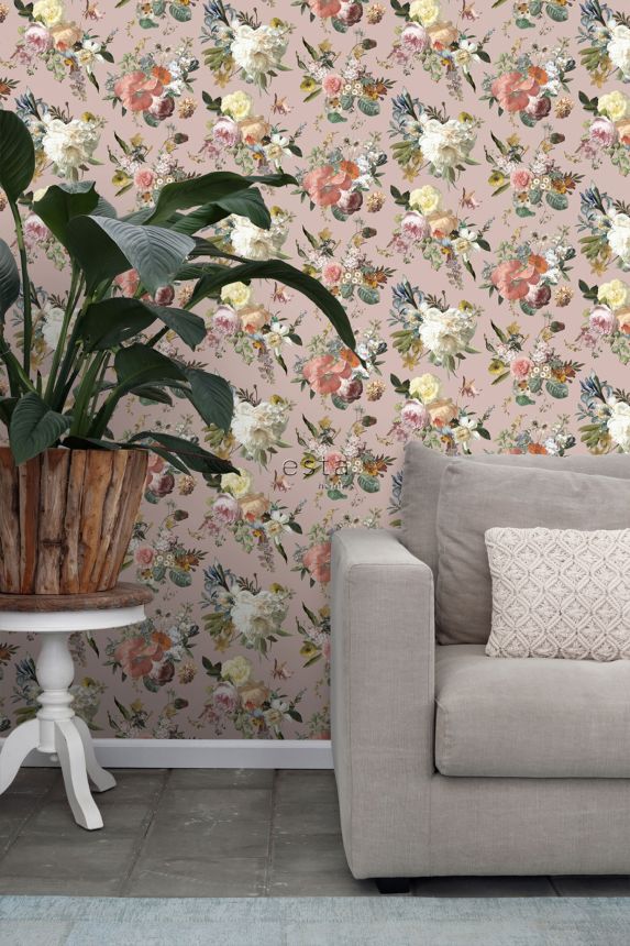 Pink non-woven floral wallpaper, 139367, Vintage Flowers, Esta Home