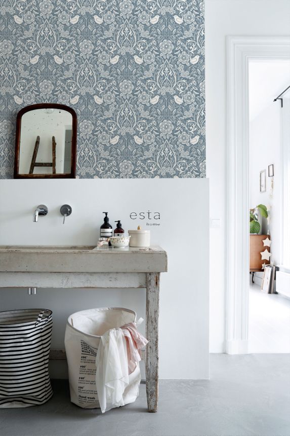 Blue wallpaper with plants and birds, 139477, Vintage Flowers, Esta Home