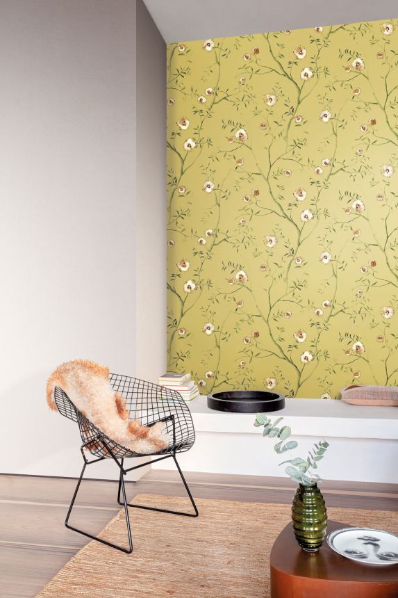 Ocher floral non-woven wallpaper, SUM204, Summer, Khroma by Masureel