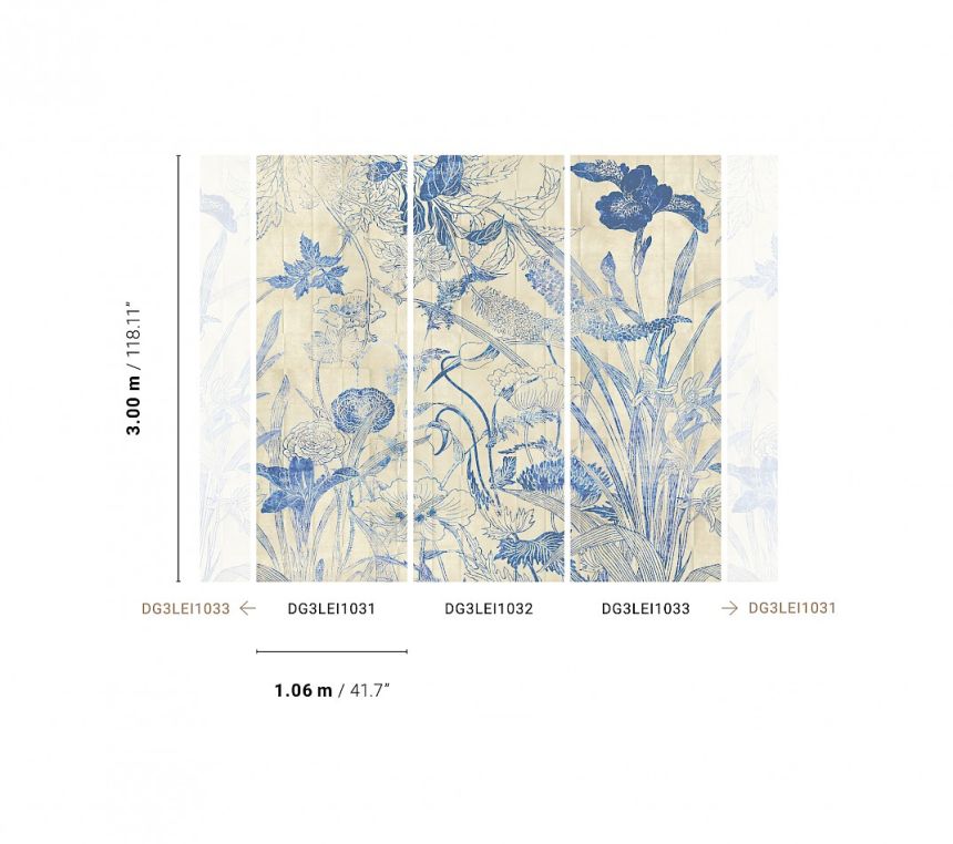 Blue wall mural, Flowers, leaves, DG3LEI1032, Wall Designs III, Khroma by Masureel