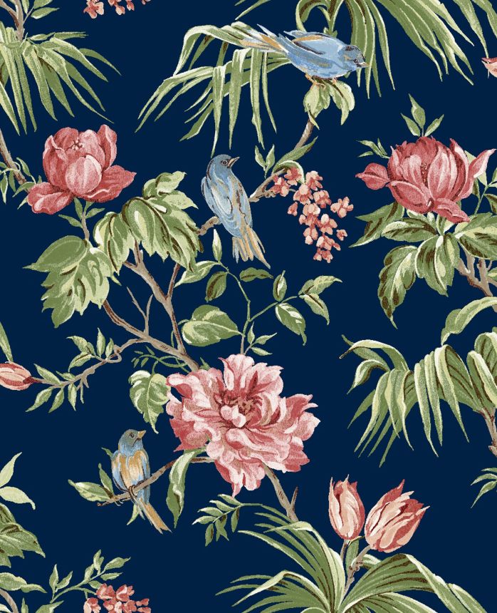 Romantic blue wallpaper with flowers and birds, 118256, Next