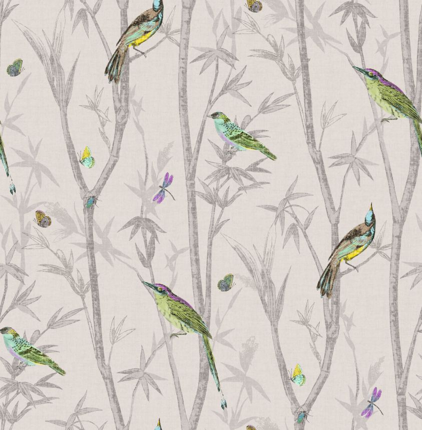 Gray-beige wallpaper with twigs and birds, 118266, Next