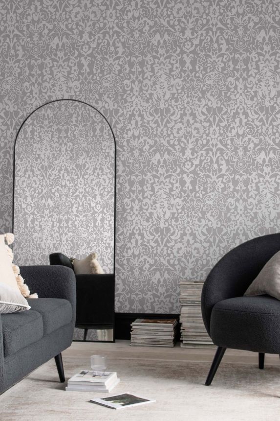 Gray-silver wallpaper, baroque damask pattern, 118293, Next