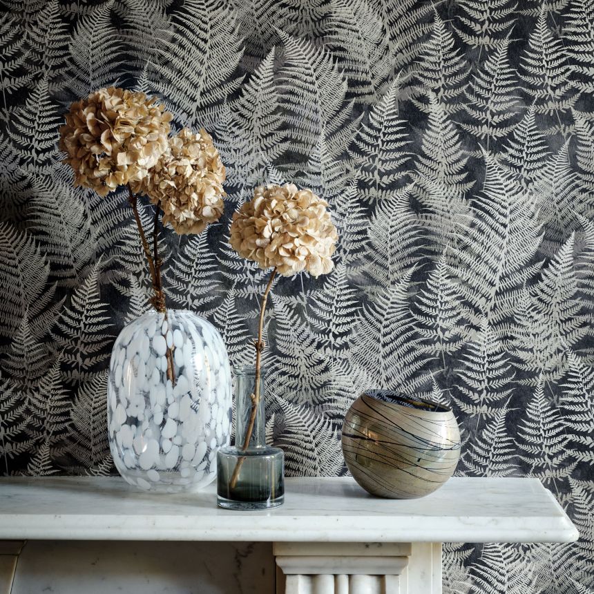 Black wallpaper, fern leaves, 120366, Wiltshire Meadow, Clarissa Hulse