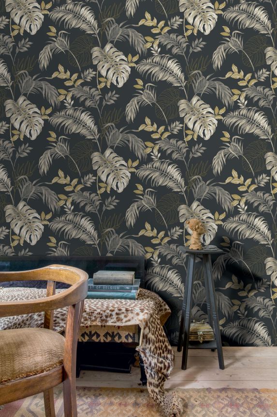 Black wallpaper with tropical leaves, A64303, Vavex 2025