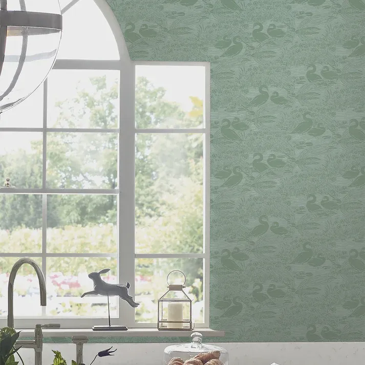 Green wallpaper, nature, swans, 118472, Laura Ashley 3