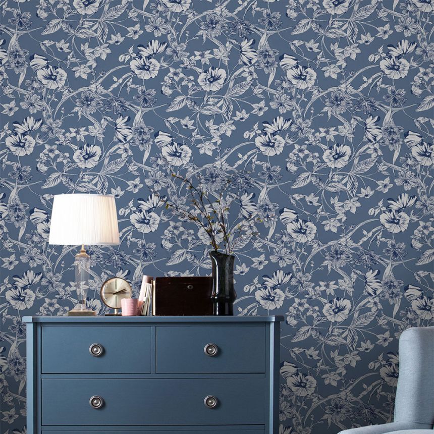 Blue non-woven wallpaper, silver flowers, 118486, Laura Ashley 3