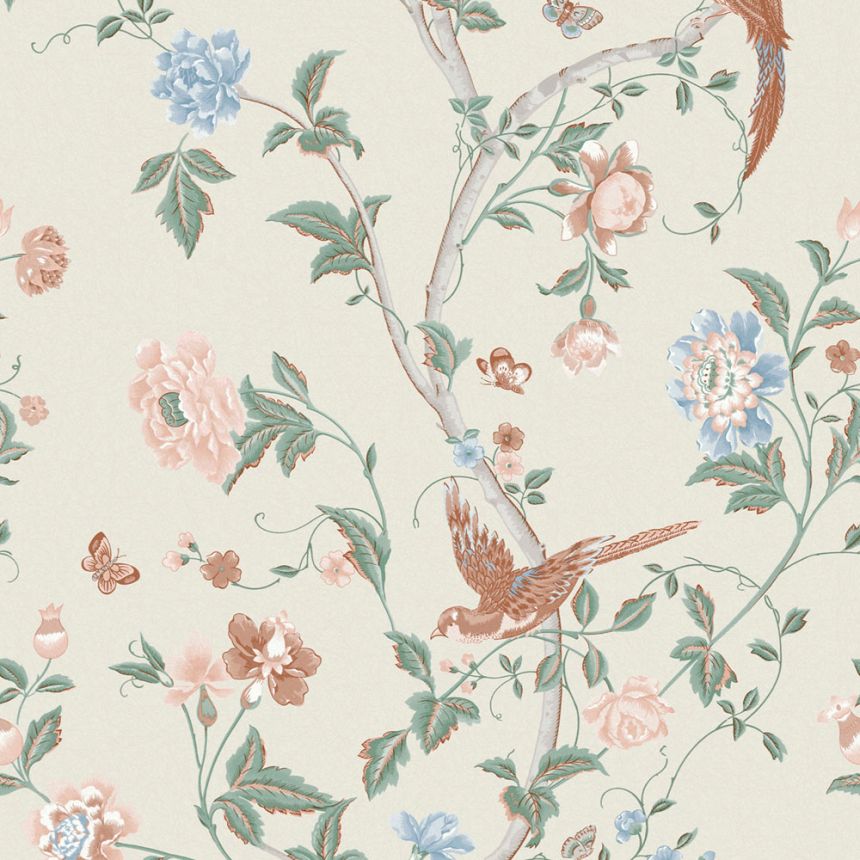 Cream wallpaper with flowers, butterflies and birds, 120133, Laura Ashley 3