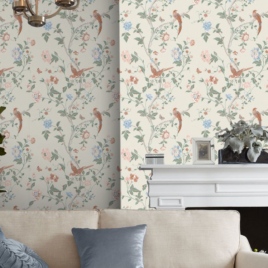 Cream wallpaper with flowers, butterflies and birds, 120133, Laura Ashley 3