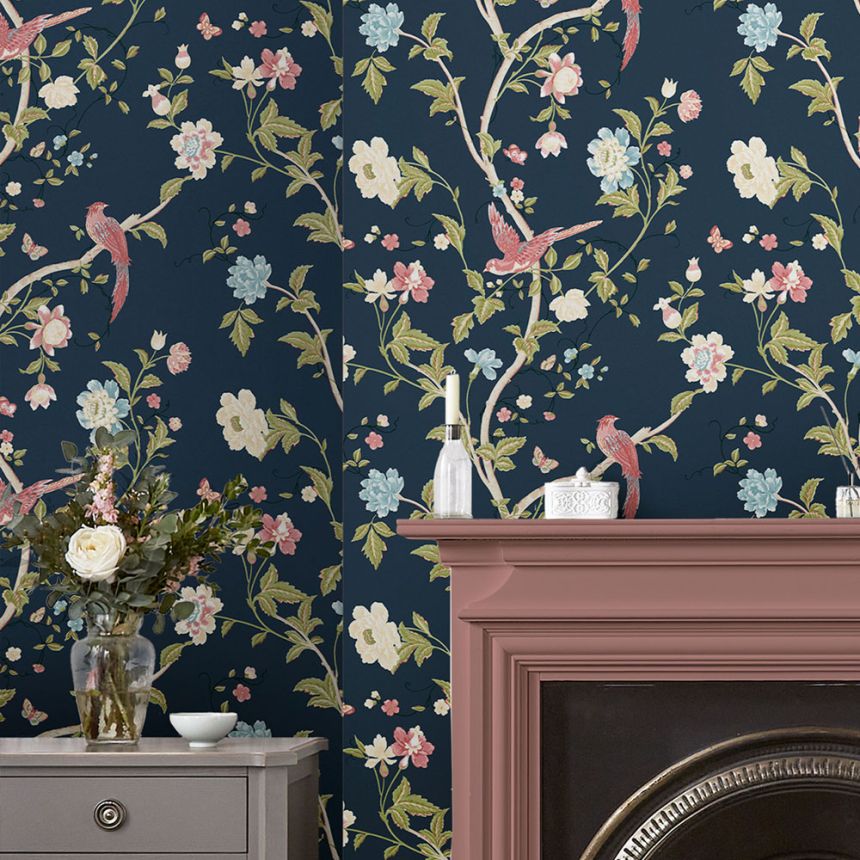 Blue wallpaper with flowers, butterflies and birds, 121134, Laura Ashley 3