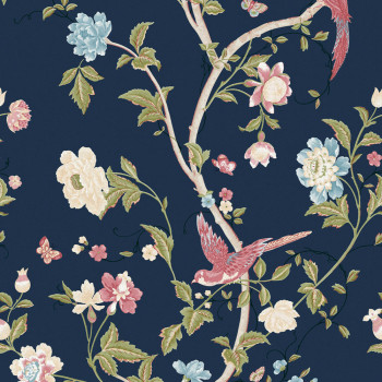 Blue wallpaper with flowers, butterflies and birds, 121134, Laura Ashley 3