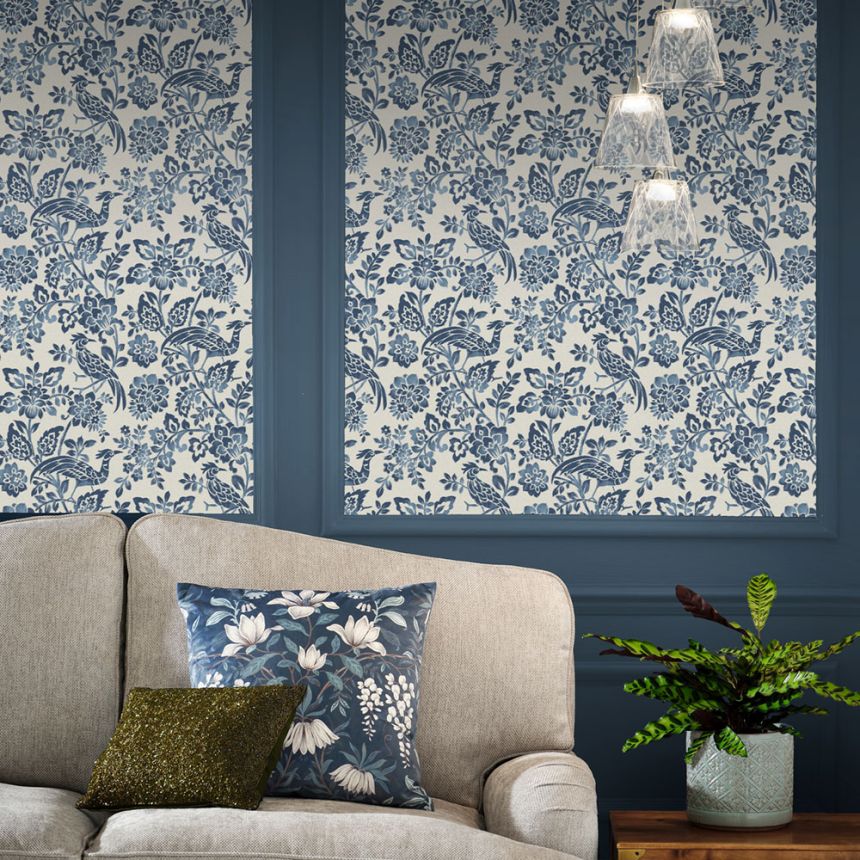 Blue-white wallpaper with flowers and birds, 121067, Laura Ashley 3