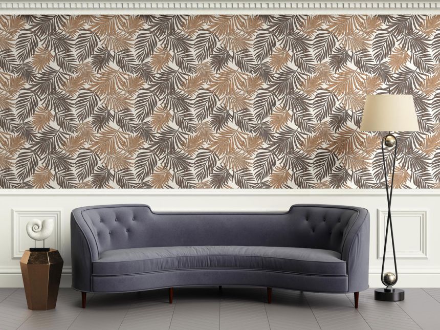 Luxury golden-beige non-woven wallpaper with leaves, 07508, Makalle II, Limonta