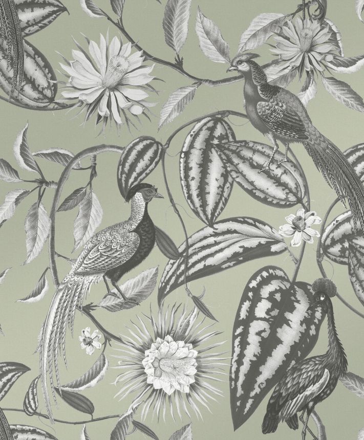 Green wallpaper with flowers and birds, 120651, Retreat, Graham&Brown Premium