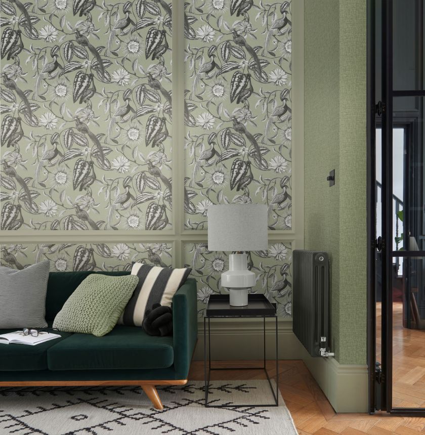 Green wallpaper with flowers and birds, 120651, Retreat, Graham&Brown Premium