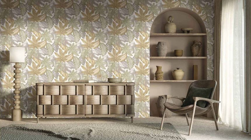 Cream wallpaper, tropical leaves, 26410, Thai, Cristiana Masi by Parato