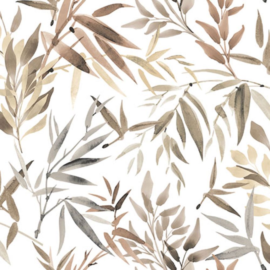 White non-woven wallpaper with bamboo leaves, RE25191, Reflect, Decoprint