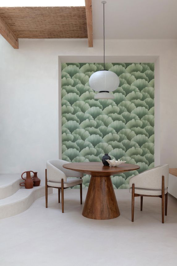 Green non-woven wallpaper with leaves, BZ3006, Belize, Grandeco