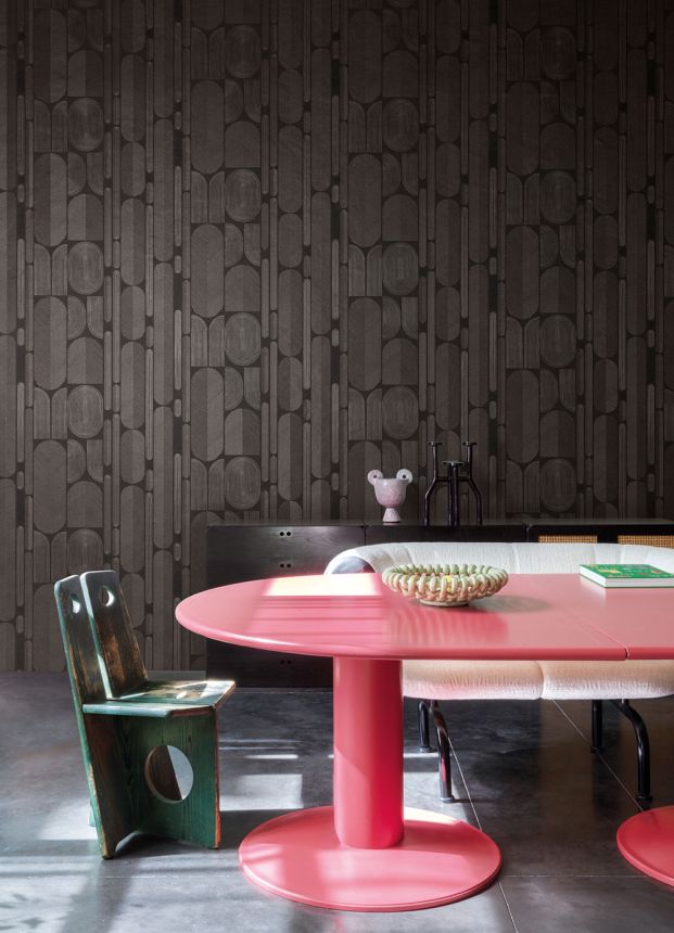 Geometric non-woven wallpaper, black-silver, ovals, ROC203, Rock, Masureel