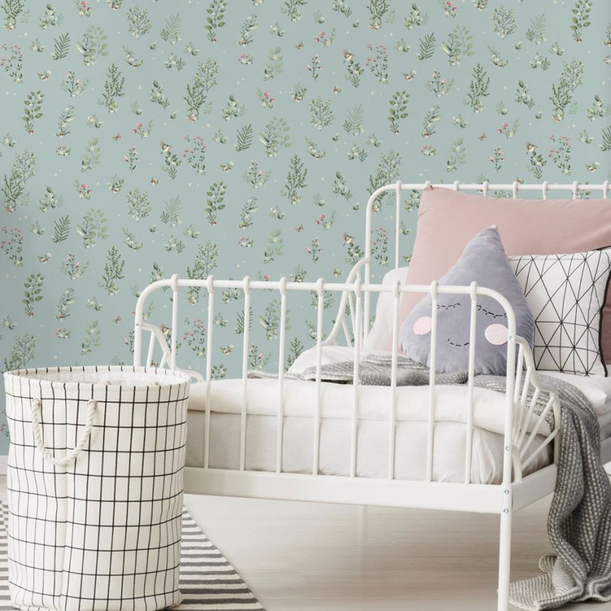 Turquoise wallpaper with plants and birds, 973-2, Mika,  ICH Wallcoverings