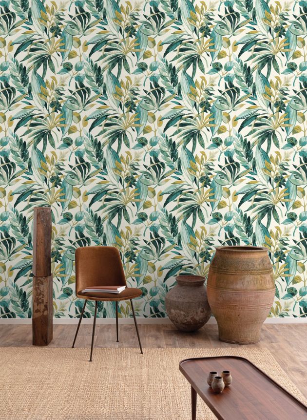 Green-ochre non-woven wallpaper, leaves, A71201, Vavex 2026