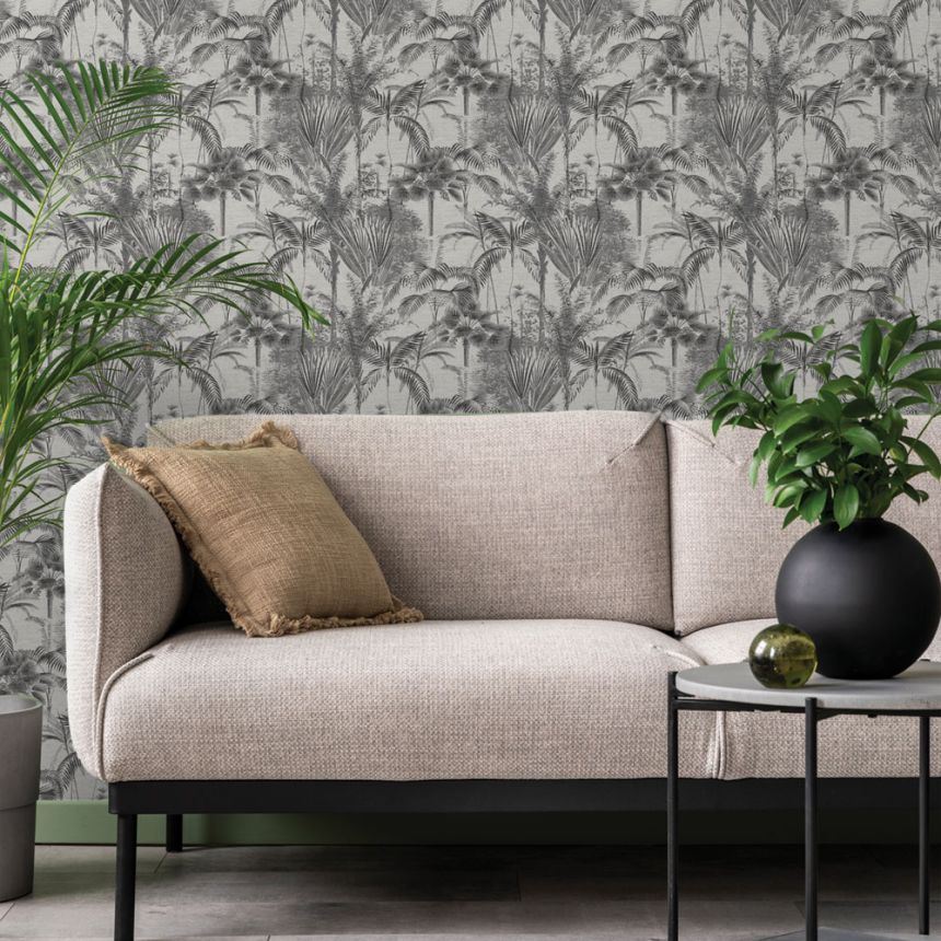 Gray wallpaper with palm trees and leaves, 121797, Vavex 2026