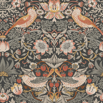 Non-woven wallpaper, gray-black, flowers, birds, 124230, William Morris At Home