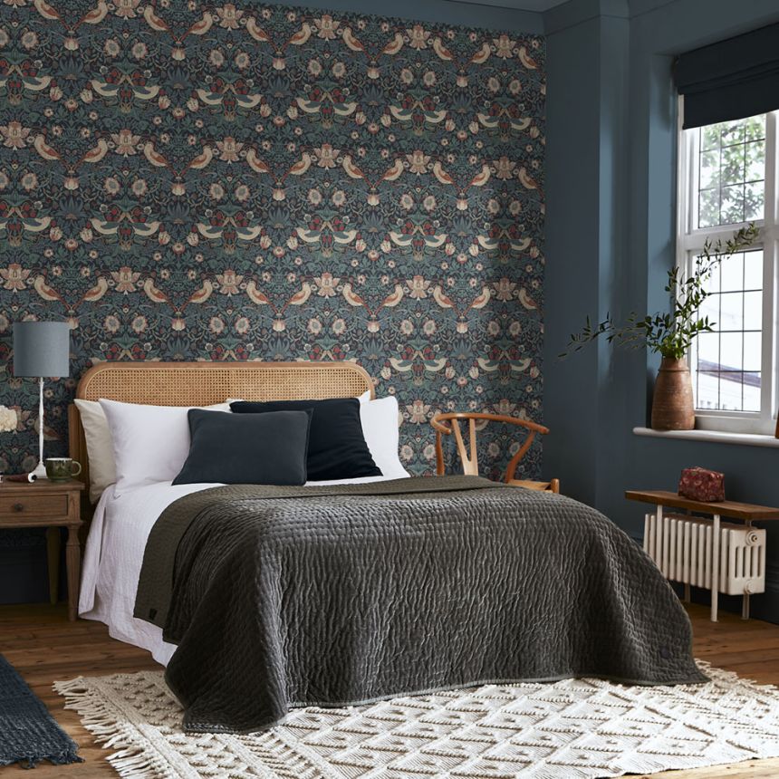 Non-woven wallpaper, blue, flowers, birds, 124231, William Morris At Home