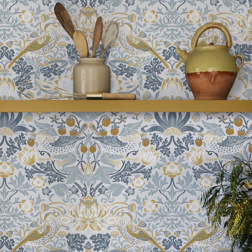 Non-woven wallpaper, gray-blue, flowers, birds, 124232, William Morris At Home