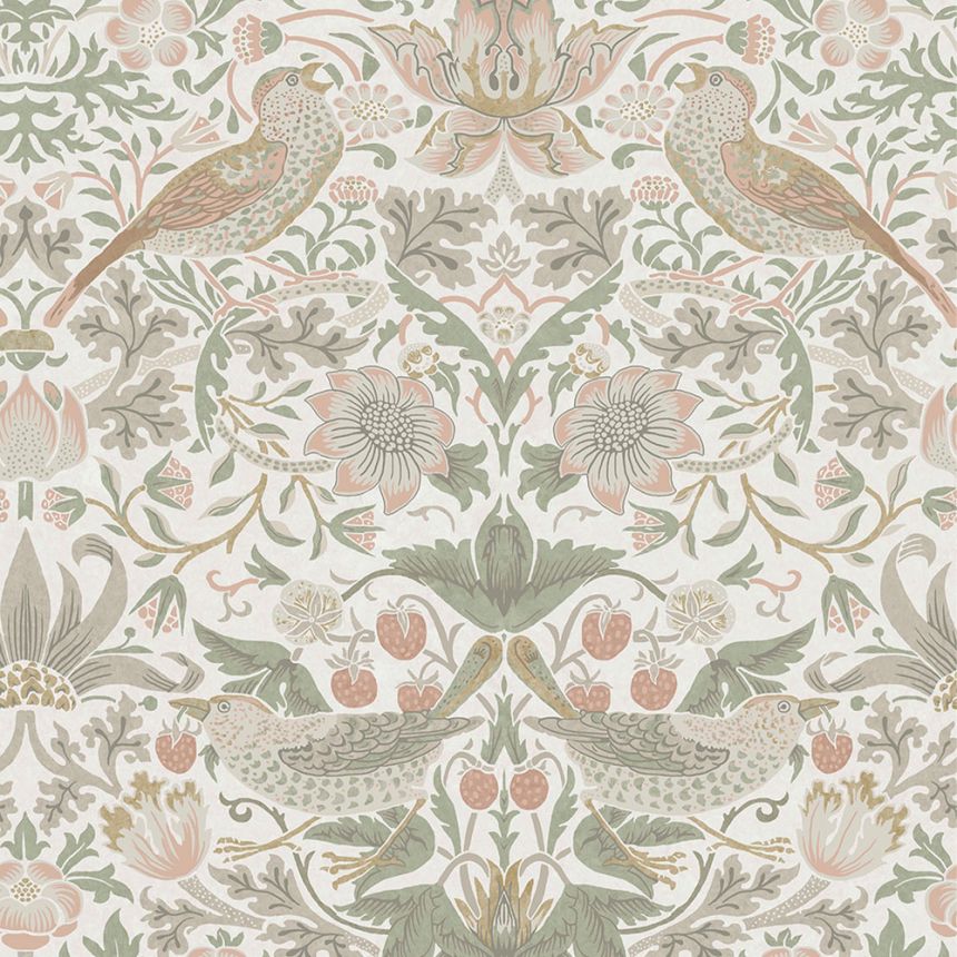 Non-woven wallpaper, green-pink, flowers, birds, 124233, William Morris At Home