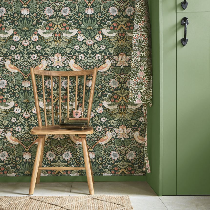 Non-woven wallpaper, green, flowers, birds, 124234, William Morris At Home