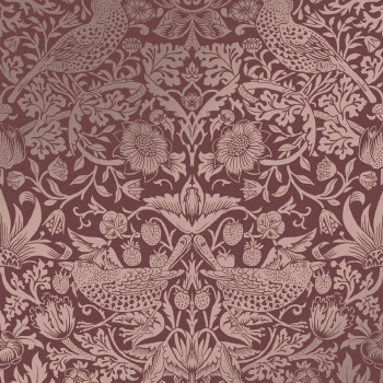 Non-woven wallpaper, burgundy, flowers, birds, 124235, William Morris At Home