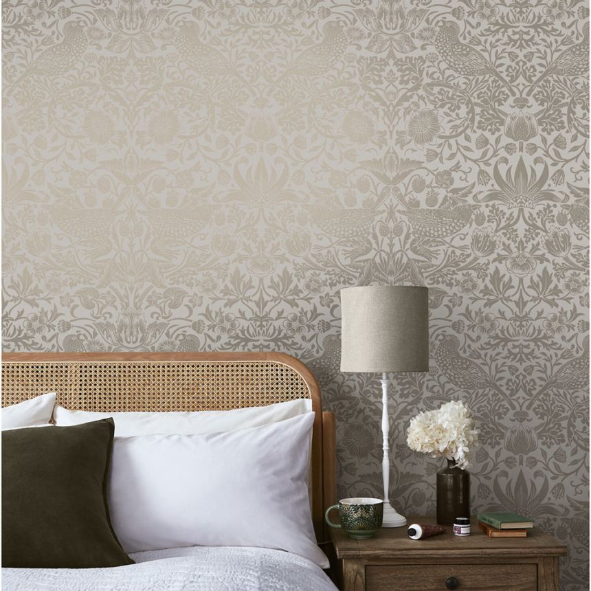 Non-woven wallpaper, gray-beige, flowers, birds, 124238, William Morris At Home