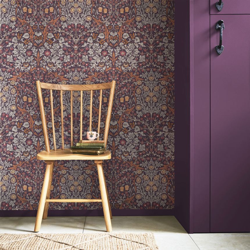Non-woven wallpaper, purple, flowers, leaves, 124249, William Morris At Home