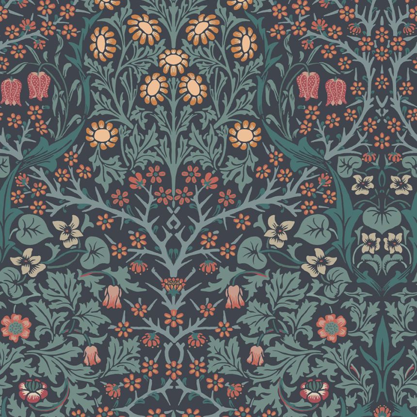 Non-woven wallpaper, blue, flowers, leaves, 124251, William Morris At Home