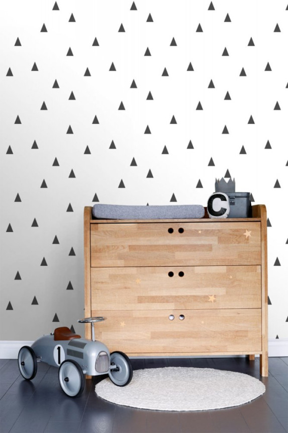 White non-woven wallpaper with black triangles 138942, Little Bandits, Black & White, Esta