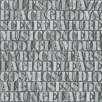 Gray-black metallic non-woven wallpaper, imitation of metal plates with inscriptions 347595, Matières - Metal, Origin