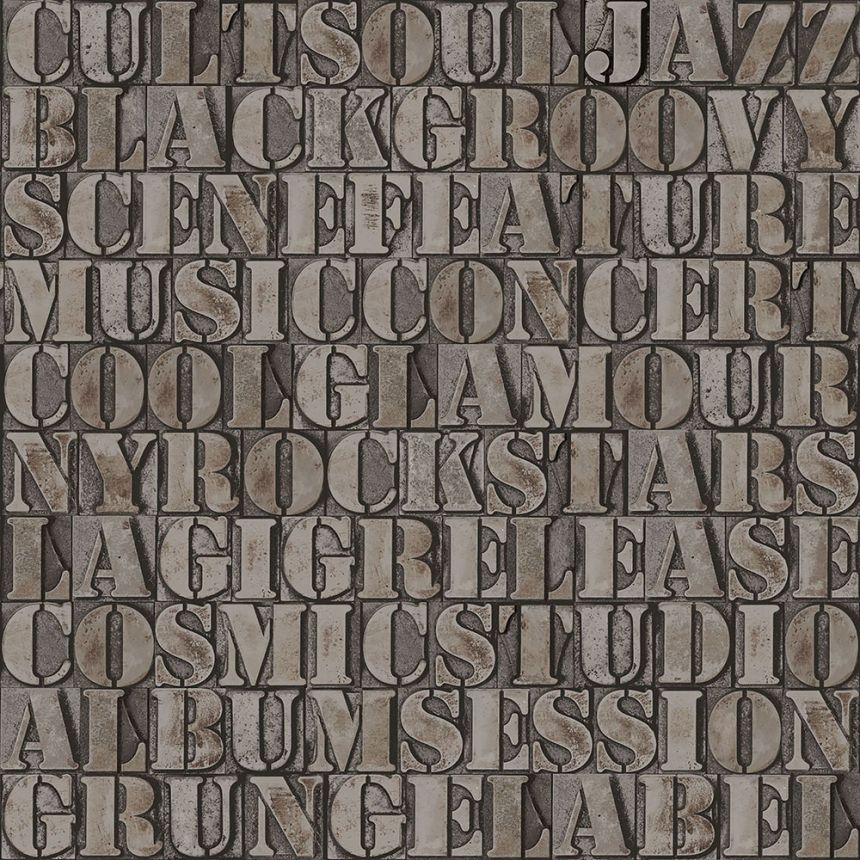 Non-woven metallic brown wallpaper, imitation of metal plates with inscriptions 347592, Matières - Metal, Origin