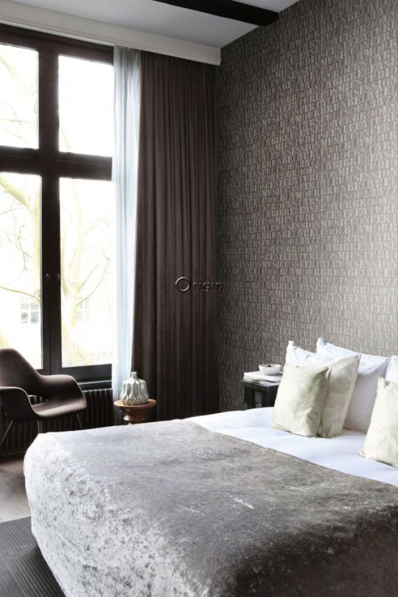 Non-woven metallic brown wallpaper, imitation of metal plates with inscriptions 347592, Matières - Metal, Origin