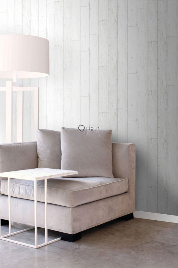 Metallic gray-silver non-woven wallpaper, imitation wood, boards 347551, Matières - Wood, Origin