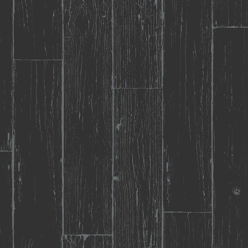 Black and silver non-woven wallpaper, imitation wood, planks 347542, Matières - Wood, Origin