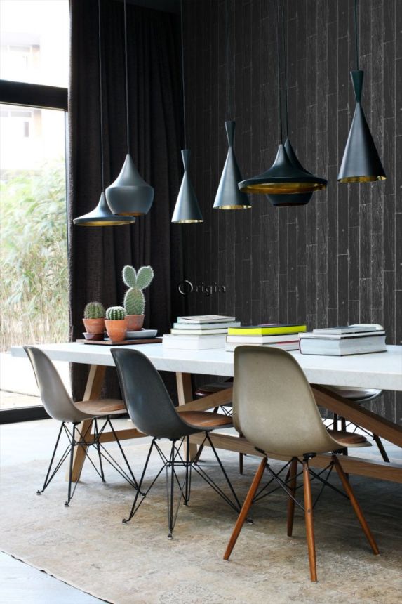 Black and silver non-woven wallpaper, imitation wood, planks 347542, Matières - Wood, Origin