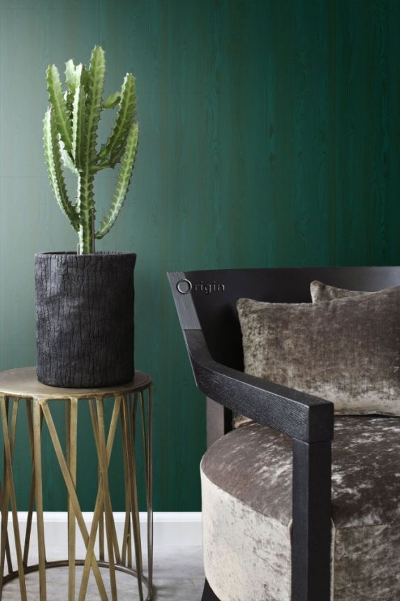 Non-woven wallpaper green metallic, imitation wood 347535, Matières - Wood, Origin